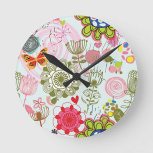 Blumenmuster in Retro Art 2 Runde Wanduhr