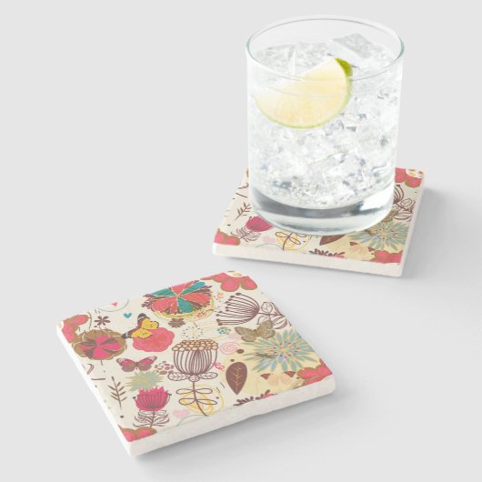 Blumenmuster in Retro Art 4 Steinuntersetzer (Seitenansicht)