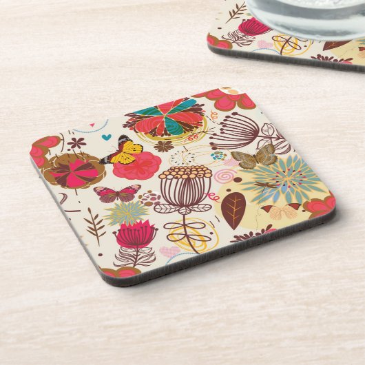 Blumenmuster in Retro Art 4 Untersetzer (Linke Seite)