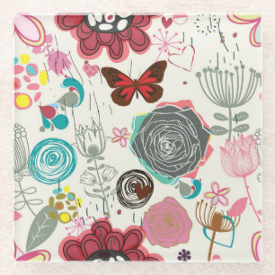 Blumenmuster in Retro Art 5 Glasuntersetzer