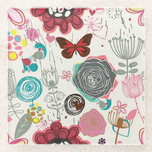 Blumenmuster in Retro Art 5 Glasuntersetzer (Vorderseite)