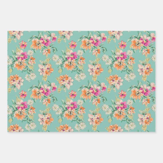 Blumenmuster in Rosa und Orange Geschenkpapier Set (Vorderseite 3)