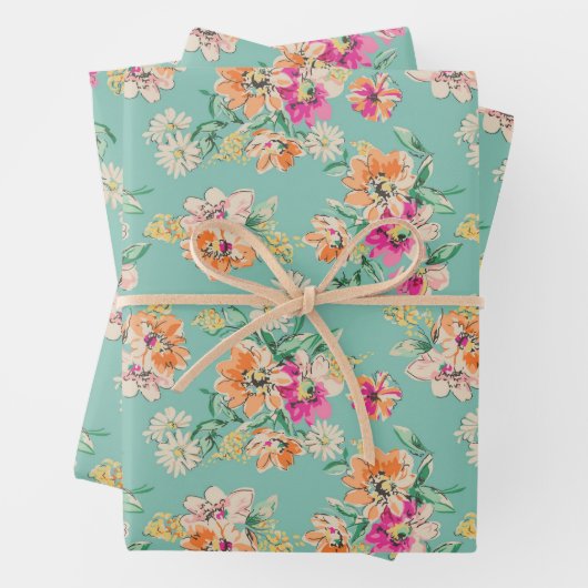 Blumenmuster in Rosa und Orange Geschenkpapier Set (Beispiel)