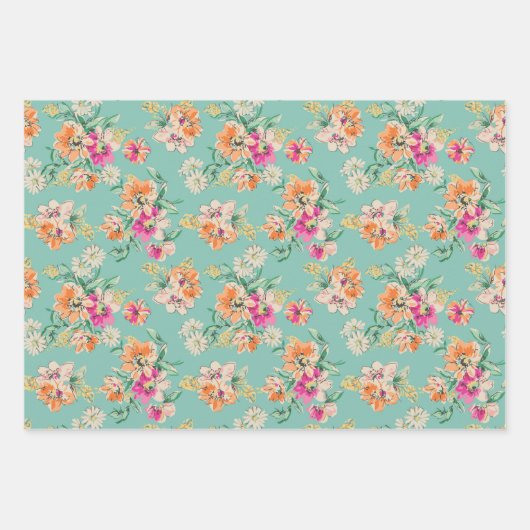 Blumenmuster in Rosa und Orange Geschenkpapier Set (Vorderseite)
