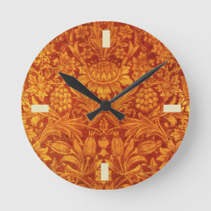 Blumenmuster in Rot und Goldgelb von Wm Morris Des Runde Wanduhr