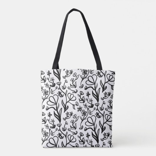 Blumenmuster in Schwarz und Weiß Tasche (Rückseite)
