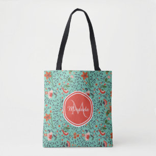 Blumenmuster in Türkis und Orange und rotes Monogr Tasche