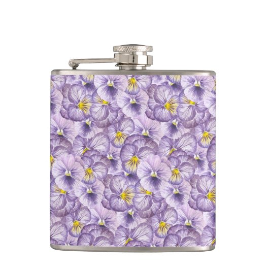 Blumenmuster in Wasserfarbe mit violetten Stiefmüt Flachmann (Vorderseite)