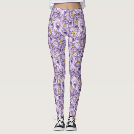 Blumenmuster in Wasserfarbe mit violetten Stiefmüt Leggings (Vorderseite)