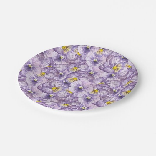 Blumenmuster in Wasserfarbe mit violetten Stiefmüt Pappteller (Schrägansicht)