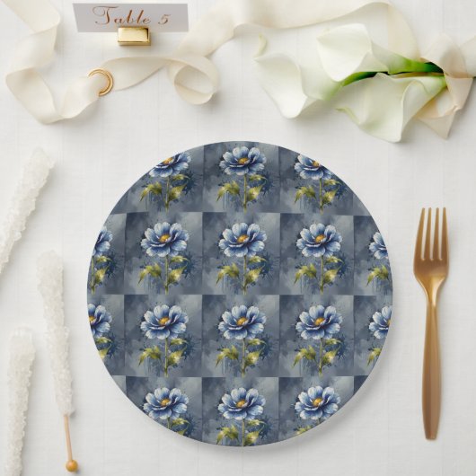 Blumenmuster in Wasserfarben Blau Pappteller (Hochzeit)