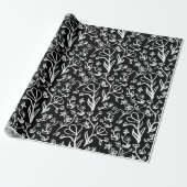 Blumenmuster in Weiß auf Schwarz Geschenkpapier (Ungerollt)