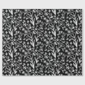 Blumenmuster in Weiß auf Schwarz Geschenkpapier (Flach)