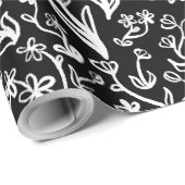 Blumenmuster in Weiß auf Schwarz Geschenkpapier (Rolleneckpunkt)