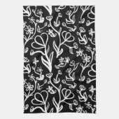 Blumenmuster in Weiß auf Schwarz Geschirrtuch (Vertikal)