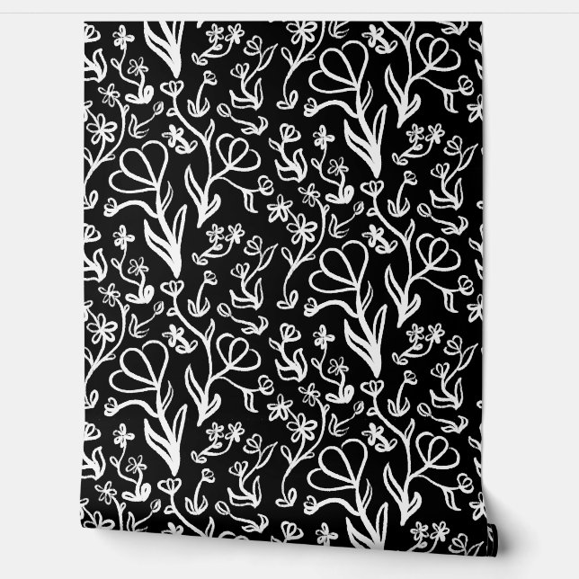 Blumenmuster in Weiß auf Schwarz Tapete (Abrollen)