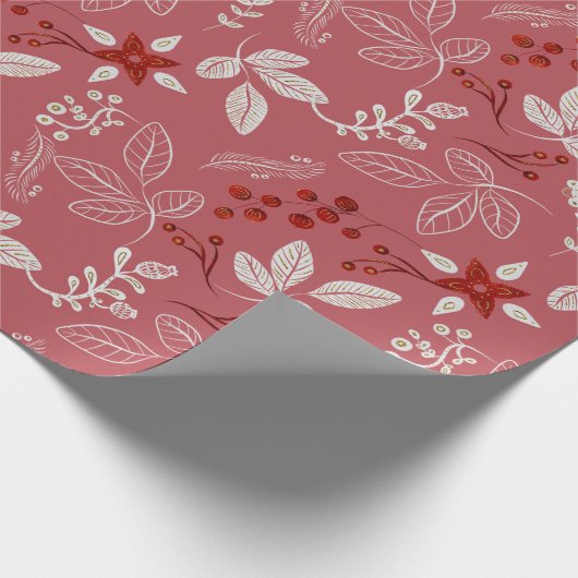 Blumenmuster in Weiß und Rot auf Korallenrosa Geschenkpapier (Ecke)