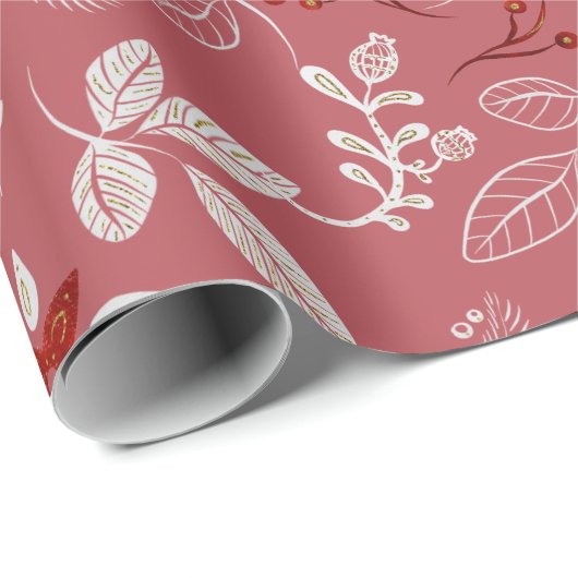 Blumenmuster in Weiß und Rot auf Korallenrosa Geschenkpapier (Rolleneckpunkt)