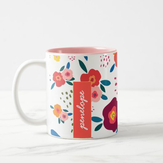 Blumenmuster Individuelle Name Koralle Personalisi Zweifarbige Tasse (Links)