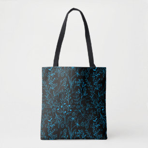 Blumenmuster klassisch einfarbig Blau.A07 schwarze Tasche