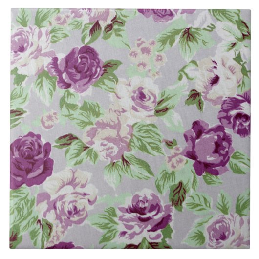 Blumenmuster lila Blüten grünes Laub Fliese (Vorderseite)