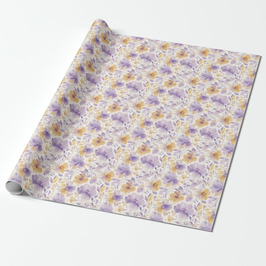 Blumenmuster Lila Goldene Blüten Geschenkpapier (Ungerollt)