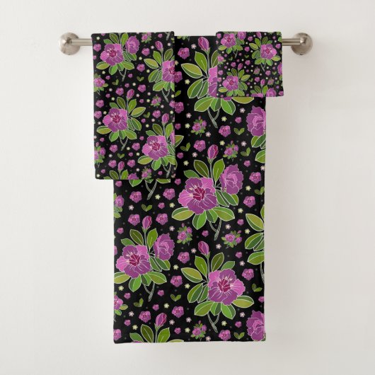 Blumenmuster Lila Rosa Grün Schwarz Badhandtuch Set (Insitu)