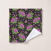 Blumenmuster Lila Rosa Grün Schwarz Badhandtuch Set (Waschlappen)