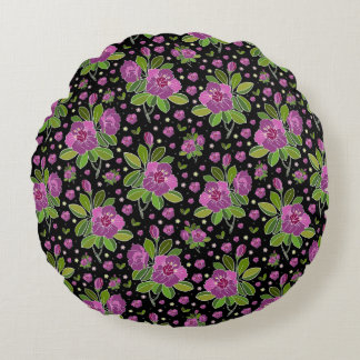 Blumenmuster Lila Rosa Grün Schwarz Rundes Kissen