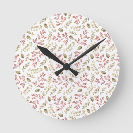 Blumenmuster mit Beeren Runde Wanduhr (Vorderseite)
