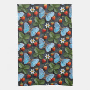 Blumenmuster mit blauen Morpho-Schmetterlingen Geschirrtuch