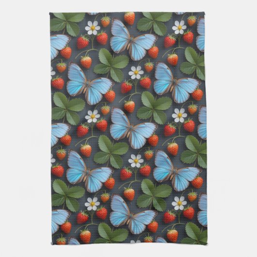 Blumenmuster mit blauen Morpho-Schmetterlingen Geschirrtuch (Vertikal)