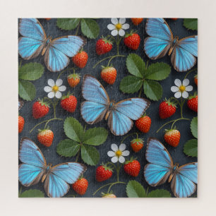 Blumenmuster mit blauen Morpho-Schmetterlingen Puzzle