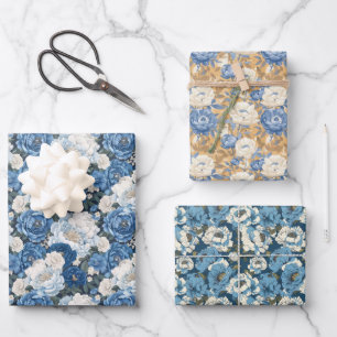 Blumenmuster mit blauen und weißen Blume Geschenkpapier Set