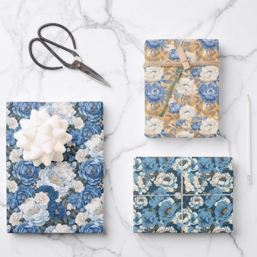Blumenmuster mit blauen und weißen Blume Geschenkpapier Set (Vorderseite)