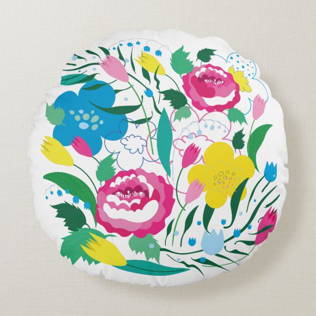 Blumenmuster mit bunten Bouquets. Rundes Kissen (Vorderseite)