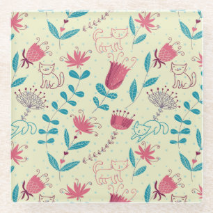 Blumenmuster mit Cartoon-Katzen Glasuntersetzer