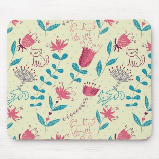 Blumenmuster mit Cartoon-Katzen Mousepad (Vorne)