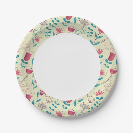 Blumenmuster mit Cartoon-Katzen Pappteller (Vorderseite)