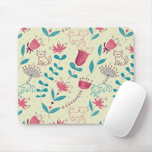 Blumenmuster mit Cartoonkatzen Mousepad (Mit Mouse)