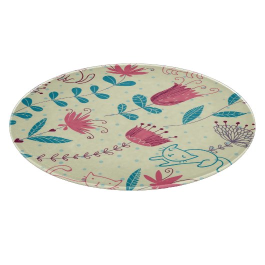 Blumenmuster mit Cartoonkatzen Schneidebrett (Ecke)