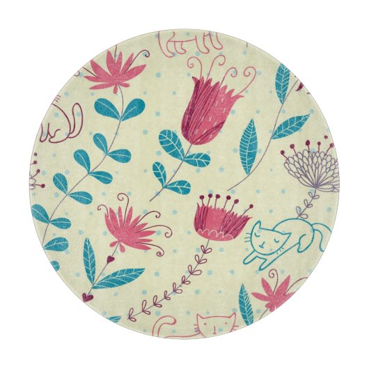 Blumenmuster mit Cartoonkatzen Schneidebrett (Vorderseite)