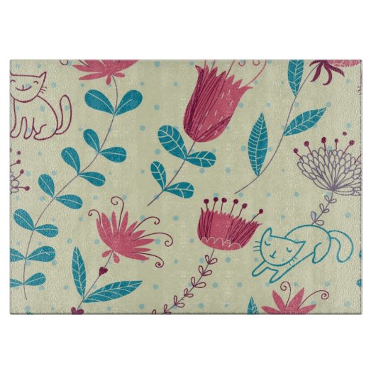 Blumenmuster mit Cartoonkatzen Schneidebrett (Vorderseite)