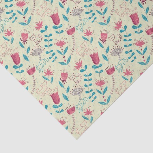 Blumenmuster mit Cartoonkatzen Seidenpapier (Ausschnitt)