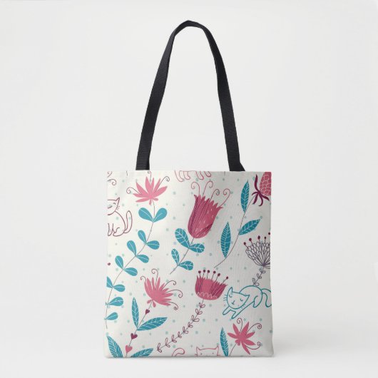 Blumenmuster mit Cartoonkatzen Tasche (Vorderseite)