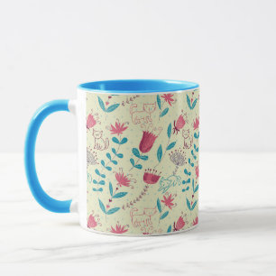 Blumenmuster mit Cartoonkatzen Tasse