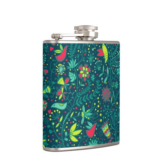 Blumenmuster mit Cartoonvögeln 2 Flachmann (Rechts)