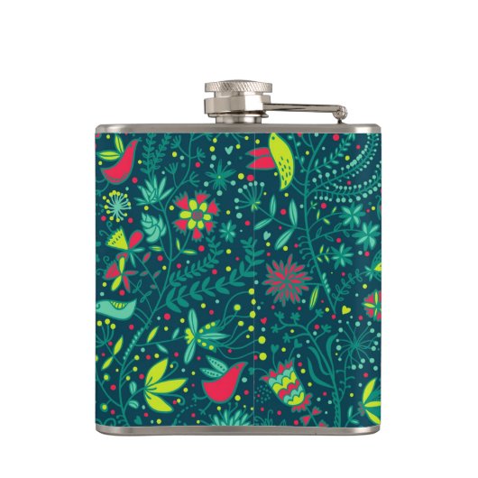 Blumenmuster mit Cartoonvögeln 2 Flachmann (Rückseite)