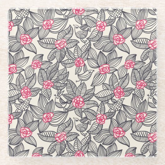 Blumenmuster mit Cartoonvögeln 2 Glasuntersetzer (Vorderseite)
