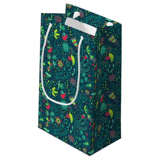 Blumenmuster mit Cartoonvögeln 2 Kleine Geschenktüte (Rückseite Schrägansicht)